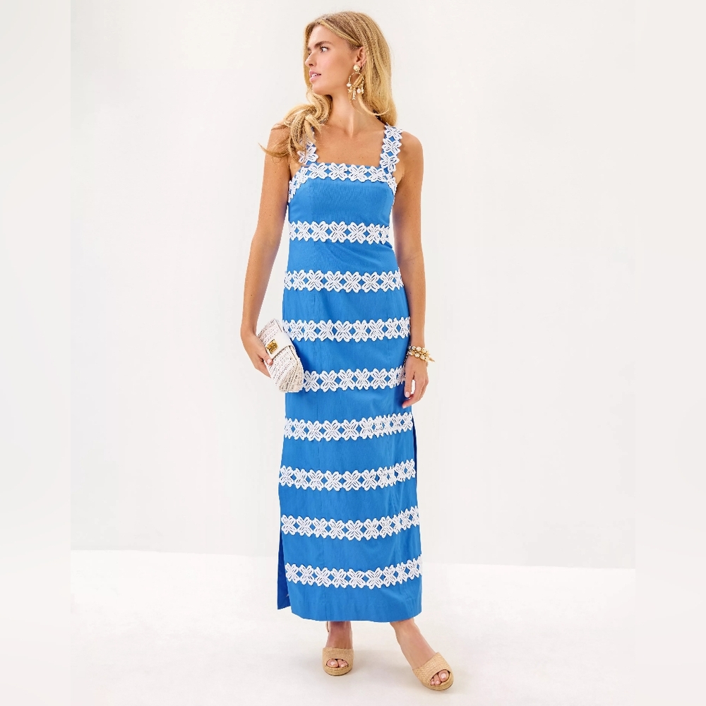 Lilly Pulitzer Blue Maxi Dress with White Lace Stripes